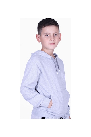 Fyk Kids Düz Kanguru Cepli Kapşonlu Sweatshirt Gri