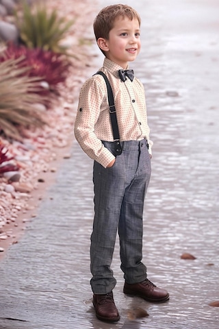 Riccotarz Erkek Bebek Desenli Gömlek, Papyon Ve Askılı Mavi Pantolon Alt Üst Takım Mavi