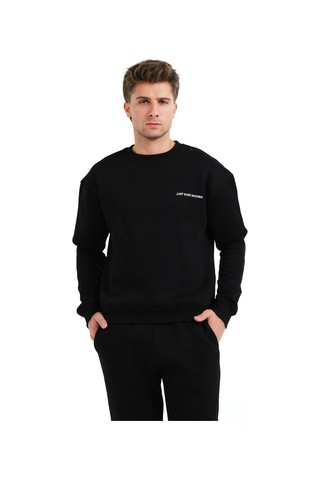 Justever Bisiklet Yaka Nakışlı Şardonlu İçi Polarlı Siyah Erkek Sweatshirt - Volar Siyah