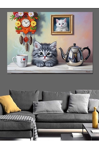 Çay Saati Kedi Keyfi Dekoratif Kanvas - Mdf Ahşap Tablo