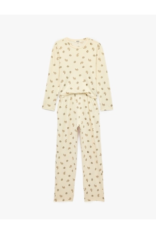 Koton Rahat Kalıp Bisiklet Yaka Uzun Kollu Baskılı Pijama Takımı Ekru 7wlk40346mk