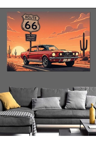 Route 66 Kırmızı Retro Araba Ve Vahşi Batı Yol Manzarası Dekoratif Kanvas - Mdf Ahşap Tablo