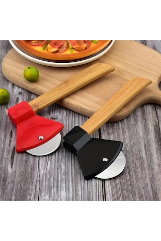 1 Ad. Pizza Kesici Tekerleği Balta Şekil Paslanmaz Çelik, Bambu Saplı Kesici Kurabiye, Kek, Ekmek Çok Renkli