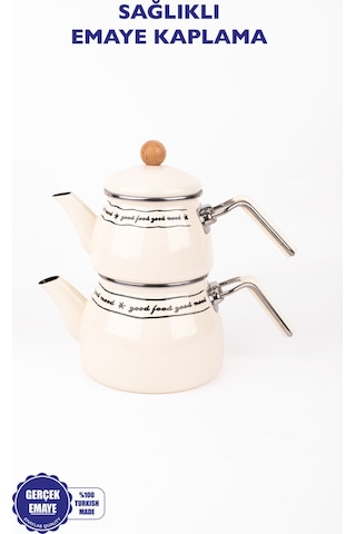 Mood Emaye Çaydanlık Takımı Ahşap Tepeli Krem