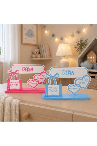 3D Tasarım Bebek Doğum Künyesi Kişiye Özel İsimli Hatıra Panosu Mavi - Pembe Hediyelik