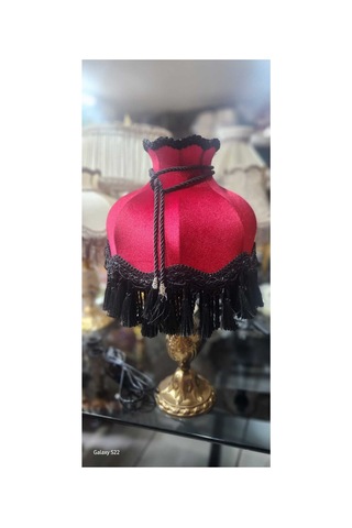 Klasik Abajur Bordo Başlık Siyah Saçak - Bronz Ayak 51cm.