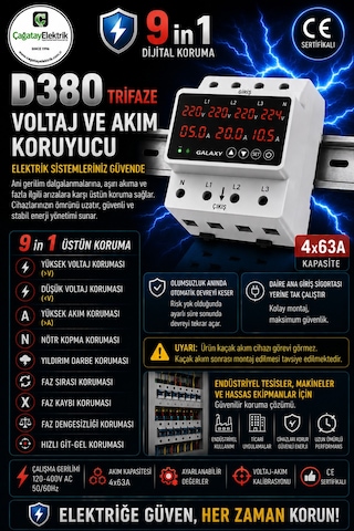 Trifaze Voltaj Akım Faz Nötr Yüksek - Alçak Voltaj Akım Koruma Rölesi Koruma Dijital Rölesi 4x63 A
