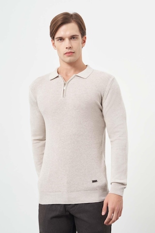 İmza Bej Uzun Kol Kendinden Desenli Örme Polo Yaka Classic Comfort Fit Triko 1012245156 Koyu Bej