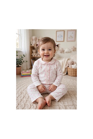 Üç Gül Ticaret Kız Bebek Kalpli Pijama Takımı Pembe