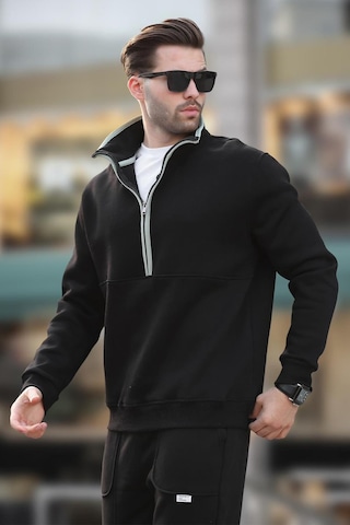 Madmext Siyah Dik Yaka Yarım Fermuarlı Sweatshirt 7079 Siyah