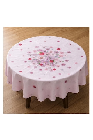 Masa Örtüsü- Yuvarlak- Açık Pembe Pembe Çiçek