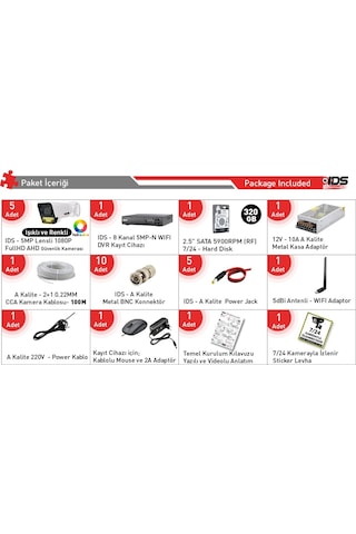 5 Kameralı Renkli Gece Görüşlü 5mp Lensli Fullhd Gece Görüşlü 9 Led Kamerası Seti - 320gb