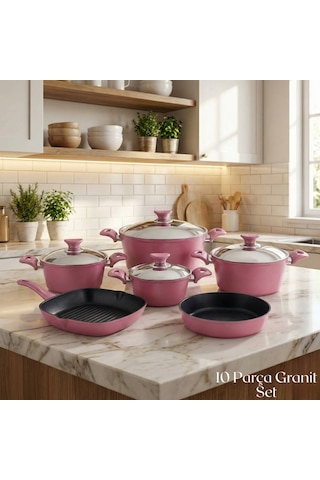 10 Parça Granit Set Çelik Kapak - Mürdüm Mürdüm