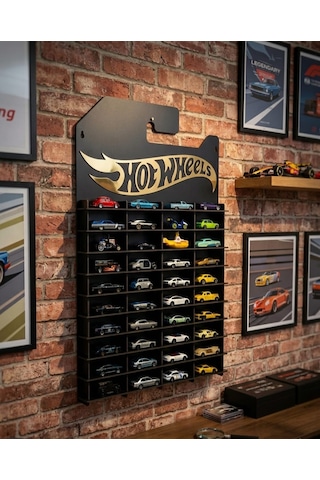 Hotwheels Premium Temalı Siyah Mdf Raflı Pleksi Logolu 40 Arabalık Duvar Rafı Kartonet 1/64 Diecast Araba İçin