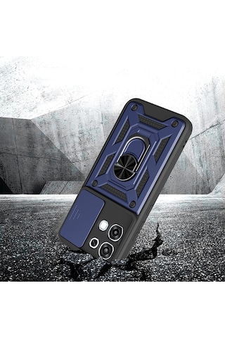 Oppo A6 Pro Kılıf Magnetik Standlı Kamera Korumalı Zore Sürgülü Vega Kapak Mavi