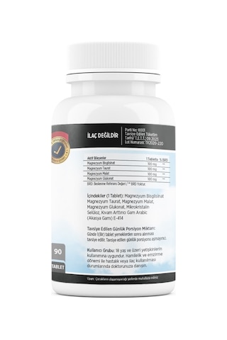Magnezyum Bisglisinat Malat Taurat Glukonat 90 Tablet (451310451)