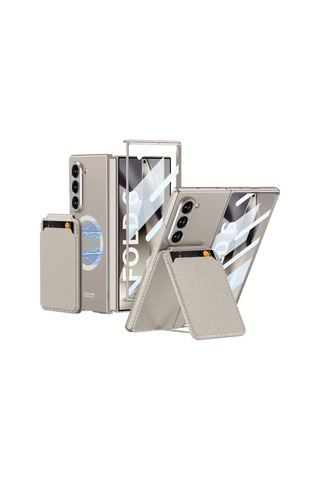 Turcoshop11 Samsung Galaxy Z Fold 5 Manyetik Kartlık Ayrılabilir Kılıf Light Grey