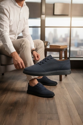 Enoch Hakiki Deri Lazer Kesim Delikli Bağcıklı Erkek Sneaker Ortopedik Taban Lacivert
