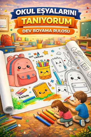 Okul Eşyalarını Tanıyorum 5 Metre Eğitici Boyama Rulosu Resim Kağıdı Rulo Kağıt