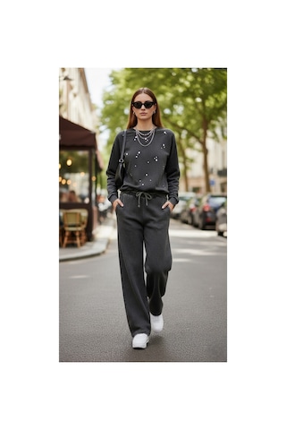 The Kadın Batik Siyah Wide Leg Jogger Lastikli Bağcıklı Bel Rahat Bol Kesim Pamuk Elastan Siyah