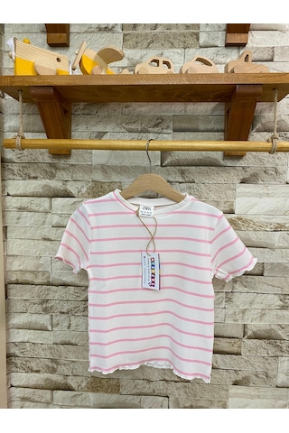 Aysbebe Çizgili Kız Tişört Pembe 1494