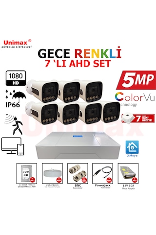 Unımax 5mp Sony Lens 7 Kameralı Güvenlik Seti 100m Kablo 30m Gece Görüş Xmeye Warmled