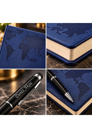 Bk Gift Kişiye Özel 378 Termo Deri Tarihli Ajanda & Siyah Touch Pen Tükenmez Kalem-1 Lacivert