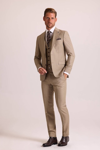 Ysf Erkek Bej Slim Fit Sivri Yaka Yelekli Takım Elbise Bej