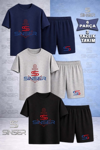 Ss Sinser Çocuk Denız Capası Onunde Baskılı Bisiklet Yaka 3lü Tişört - Şort Alt - Üst Çocuk Takım Renk:siyah - Gri - Lacivert