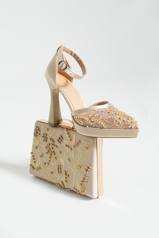Dabab Shoes Pearly Bej Ayakkabı Çanta Kombin Platformlu 11cm Topuklu İncili Bantlı Abiye Ayakkabı Çanta Seti Bej Kombin Bej