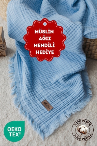 Zeypba % 100 Pamuk 4 Katlı Müslin Bebe Mavi Bebek & Çocuk İçin 110x110 CM