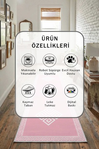 Likya Pembe Beyaz Yıkanabilir Yolluk