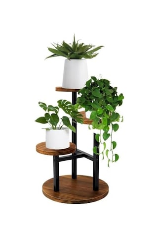 Çiçeklik 3 Raflı Saksılık Dekoratif 3 Raflı Çiçeklik Metal Doğal Ahşap Saksılık Çiçek Rafı Daire Model Diğer