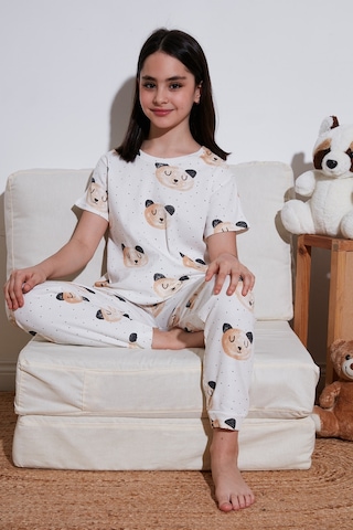 Lela % 100 Pamuk Bisiklet Yaka Kısa Kollu Kız Çocuk Pijama Takımı 6651002 Ekru