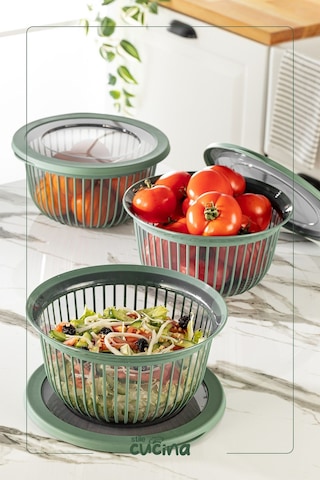 Linea 3 Adet 3 Litre Yuvarlak Sızdırmaz Çerez & Meyve & Bakliyat Saklama Kabı Yeşil Yeşil