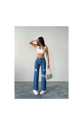 Blue Marlın Kadın Lazer Yırtık İşlemli Boyfriend Kot Bol Paça Pantolon Çok Renkli