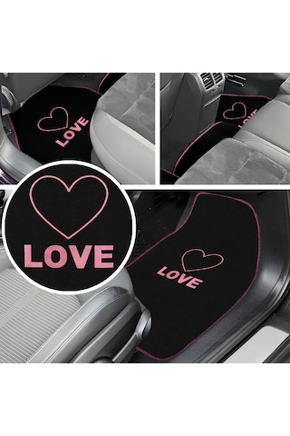 Kalp Ve Aşk Desenli Pembe Nakışlı 5'li Oto Halı Paspas Seti Love Yazı Detaylı Araba Paspas Takımı