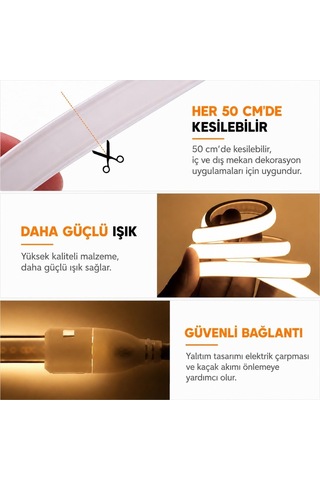220v 5 Metre Cob Neon Led Şerit 4800 Lümen 50w 3000k Günışığı Ip65 Yapışkanlı 50cm Kesilebilir Fiş Dahil