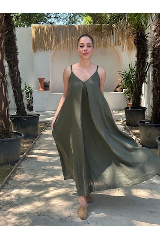 Yazlık Keten Askılı Oversize Elbise Yeşil