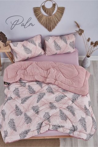 Palm Pembe Desenli Çift Kişilik Çift Taraflı Wellsoft Yorgan Seti - Pembe - 195x215 Pembe Palm