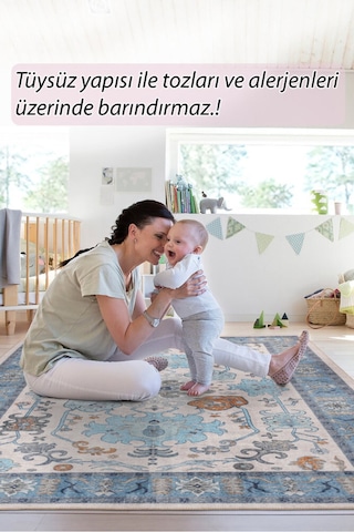 Foldy Vintage Desenli Dokuma Taban Dekoratif Mavi Halı Fl 40 Mavi 4