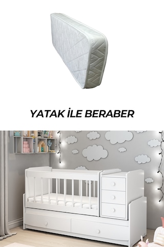 Patiko Furniture Ms 290 Beyaz Büyüyebilen Yataklı Beşik Beyaz