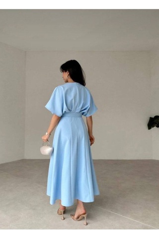 Amcacom Zare Kemer Detay Önü Büzgülü Elbise Mavi Mavi