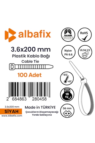 3.6x200 Mm Siyah Plastik Kablo Bağı Klipsi Cırt Kelepçe 100 Lü Paket 100 Adet - Siyah