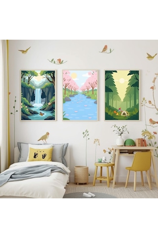 Besay Doğa Kaşifi Çocuk Odası Manzara Tablosu Kamp Ve Şelale Temalı Bebek Odası Posteri 3'lü Set A4 Çerçevesiz