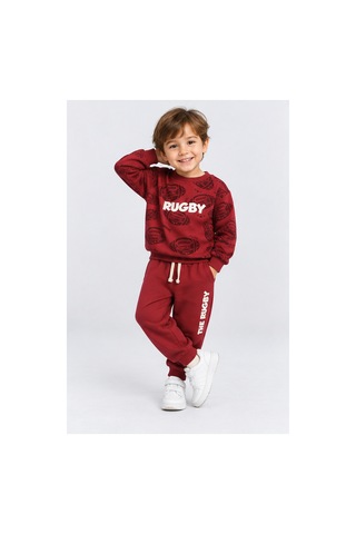 Ahengim Erkek Çocuk Rugby Topu Baskılı Pamuklu Sweatshirt Ve Pantolon Eşofman Takımı Ak119 Kırmızı
