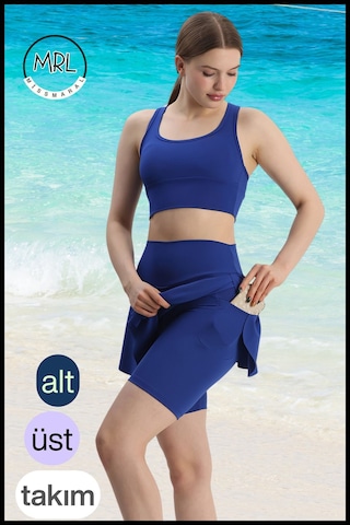 Kadın Takım Alt - Üst Biker Şort Diz Üstü &crop Bra Ped Destekli Denizde Havuzda Sporda Mavi Mavi