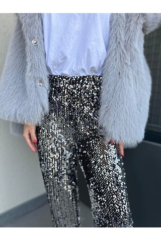 Keymoda Kadın Pullu Pantolon Gümüş Siyah