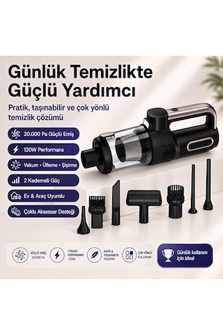 El Tipi Süpürge 20.000 Pa 120w, 3 Ü 1 Arada Vakum Üfleme Şişirme Özellikli, 2 Kademeli Şarjlı Araç Ve Ev 20000 Pa