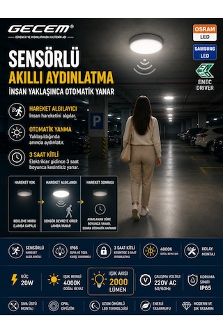 Gecem 20w Sensörlü Led Armatür 4000k Doğal Beyaz Ip65 Acil Aydınlatma Özellikli Ilık Beyaz